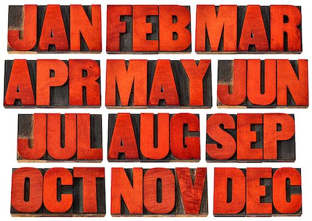 simsearch:400-08335158,k - icons of 12 months from January to December - a collage of isolated 3 letter symbols in vintage letterpress wood type blocks stained by red ink Photographie de stock - Aubaine LD & Abonnement, Code: 400-08343069