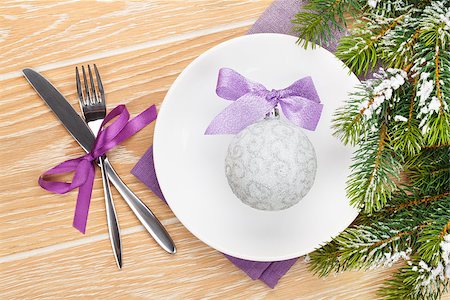 simsearch:400-08199792,k - Christmas table setting with fir tree and bauble decor. Top view Stock Photo - Budget Royalty-Free & Subscription, Code: 400-08343215