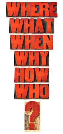 simsearch:400-08332628,k - who, what, where, when, why, how questions  - brainstorming or decision making concept - a collage of isolated words in vintage letterpress wood type stained by red ink Foto de stock - Super Valor sin royalties y Suscripción, Código: 400-08343319