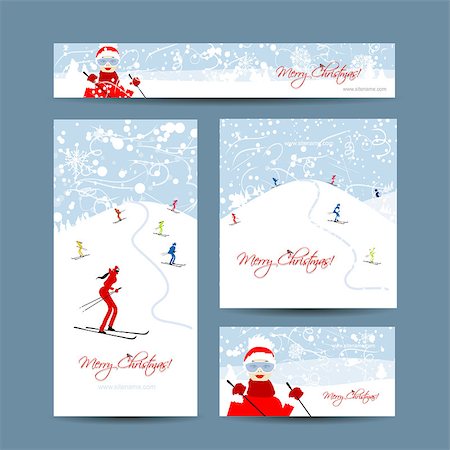 Business cards design. People skiing, winter mountain landscape. Vector illustration Stock Photo - Budget Royalty-Free & Subscription, Code: 400-08343323