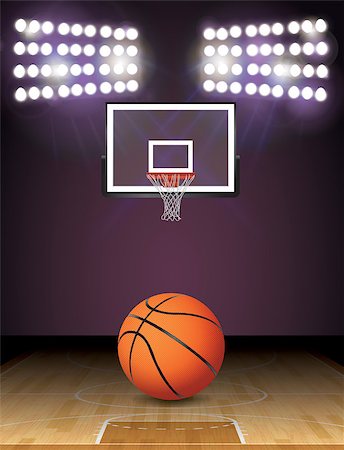 enterlinedesign (artist) - An illustration of a basketball on a hardwood court with a basketball hoop and lights. Vector EPS 10 available. EPS file contains transparencies and gradient mesh. EPS is layered. Foto de stock - Super Valor sin royalties y Suscripción, Código: 400-08343486