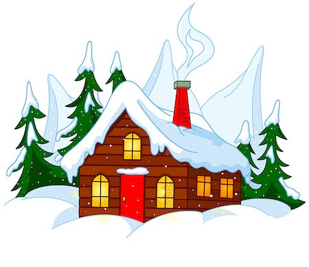 snow cosy - Illustration of Little house stands on snow hills. Stock Photo - Budget Royalty-Free & Subscription, Code: 400-08343495