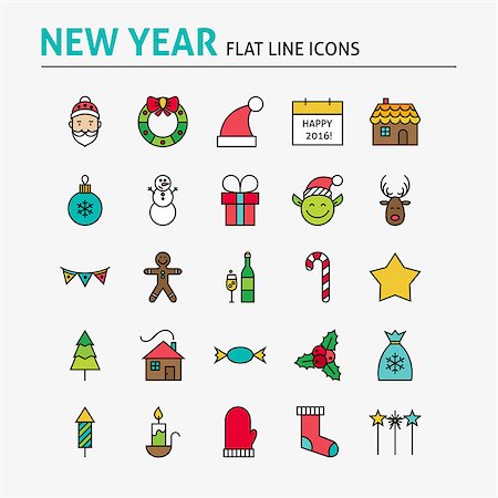 pictogram lines - Happy New Year Colorful Flat Line Icons Set. Vector Set of 25 Winter Holiday Seasonal Modern Thin Outline Icons for Web and Mobile. Linear Icons Collection. Foto de stock - Super Valor sin royalties y Suscripción, Código: 400-08343732