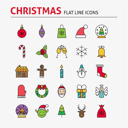 simsearch:400-09084472,k - Merry Christmas Colorful Flat Line Icons Set. Vector Set of 25 Winter Holiday Seasonal Modern Thin Outline Icons for Web and Mobile. Linear Icons Collection. Stock Photo - Budget Royalty-Free & Subscription, Code: 400-08343742