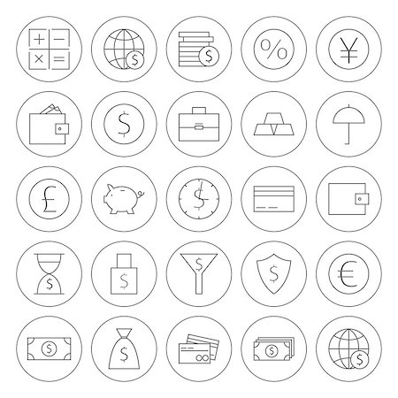 Line Circle Money Finance Banking Icons. Vector Set of Line Art Modern Icons for Web and Mobile. Bank and Banking. Money and Finance Items. Business Marketing and Shopping Objects. Earnings and Investments. Stock Photo - Budget Royalty-Free & Subscription, Code: 400-08374219