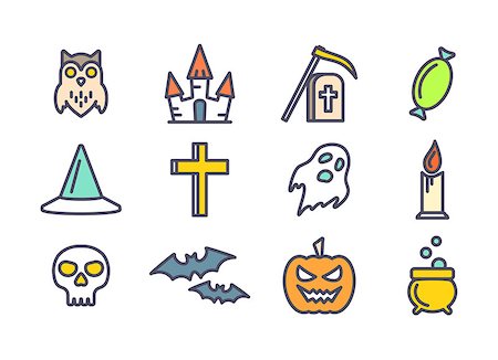 Colorful outline vector icons set for Halloween. Elements collection for 31 october party. Candy, skull, bats, grave, owl, ghost, pumpkin, castle and cauldron vector icons. Halloween symbols. Line art icons Stock Photo - Budget Royalty-Free & Subscription, Code: 400-08374375