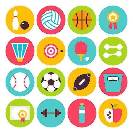 Flat Sport Recreation and Fitness Circle Icons Set. Collection of Healthy lifestyle and Diet Objects. Sports Activities Competition and Team Sport Games Stock Photo - Budget Royalty-Free & Subscription, Code: 400-08374700