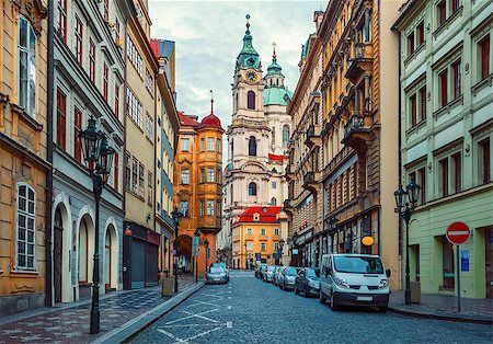 Deserted street with old house and view on tower from cathedral in Prague Czech republic Stock Photo - Budget Royalty-Free & Subscription, Code: 400-08374790