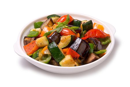 eggplant stew - Traditional cuisine vegetable dish with eggplant zucchini tomato onion and bell pepper on a white background Stock Photo - Budget Royalty-Free & Subscription, Code: 400-08375176