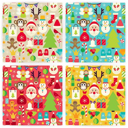 snowman snow angels - Four Happy New Year Patterns Set. Merry Christmas Flat Design Vector Illustration. Tile Background. Set of Winter Holiday Items. Photographie de stock - Aubaine LD & Abonnement, Code: 400-08375443