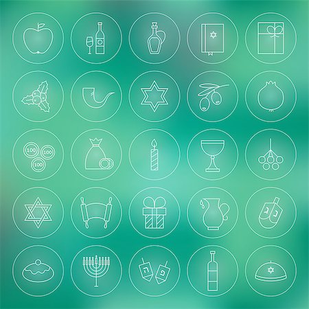 simsearch:400-09080023,k - Thin Outline Jewish Happy Hanukkah Icons Set. Vector Collection of Winter Holiday Line Circle Icons for Web and Mobile over Blurred Colorful Background. Israel Traditional Bundle. Stock Photo - Budget Royalty-Free & Subscription, Code: 400-08375466