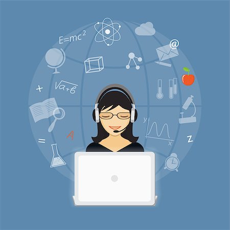 Flat  vector image of girl and laptop with hand drawn symbols and icons on the blue background. EPS 10 Photographie de stock - Aubaine LD & Abonnement, Code: 400-08375895