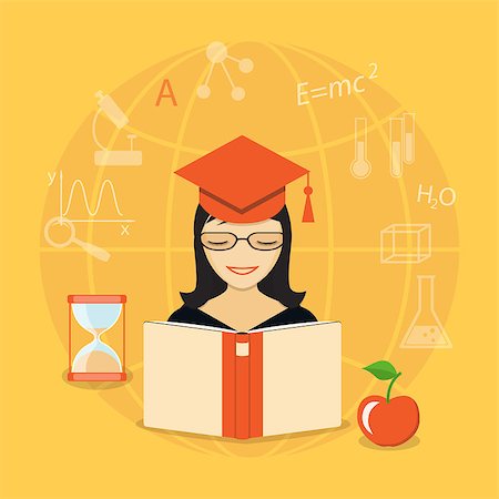 Flat  vector image of girl and book with hand drawn symbols and icons on the yellow background. EPS 10 Photographie de stock - Aubaine LD & Abonnement, Code: 400-08375898