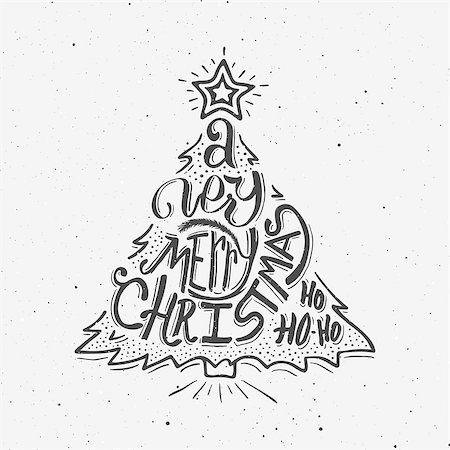 simsearch:400-05746178,k - Vintage Merry Christmas greeting card with hand-drawn typography on white grunge paper texture, Black and white retro letterpress poster for Christmas. Vector background. Doodle Christmas tree. Foto de stock - Super Valor sin royalties y Suscripción, Código: 400-08376315