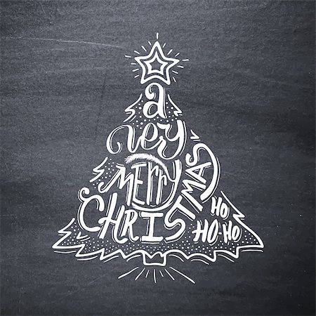 Very Merry Christmas typographic label. Background with hand lettering for christmas on black chalkboard. Doodle christmas tree. Merry Christmas greeting card. Vector illustration. Stock Photo - Budget Royalty-Free & Subscription, Code: 400-08376320