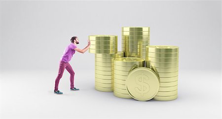 people depositing in the bank - The young boy pushes gold coins to one pile Stock Photo - Budget Royalty-Free & Subscription, Code: 400-08376601