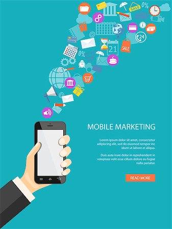 simsearch:400-08294629,k - Flat design modern vector illustration concept of mobile banking, shopping, marketing with mobile phone in the hand and web icons. EPS 10 Stock Photo - Budget Royalty-Free & Subscription, Code: 400-08376642