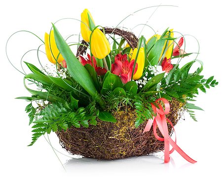 Bouquet yellow tulips basket green leaves Stock Photo - Budget Royalty-Free & Subscription, Code: 400-08377355
