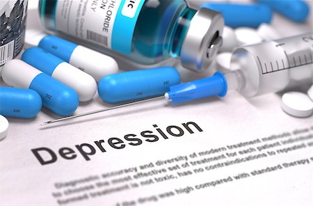 simsearch:400-08891180,k - Depression - Printed Diagnosis with Blurred Text. On Background of Medicaments Composition - Blue Pills, Injections and Syringe. Fotografie stock - Microstock e Abbonamento, Codice: 400-08377416