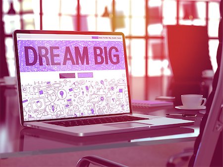 simsearch:400-08497774,k - Modern Workplace with Laptop showing Landing Page in Doodle Design Style with Motivation Quote Dream Big. Toned Image with Selective Focus. Foto de stock - Super Valor sin royalties y Suscripción, Código: 400-08377432