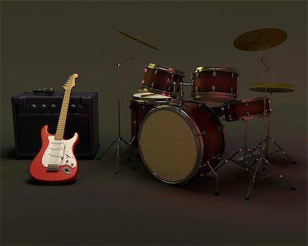 3d render of a guitar amplifier and drum kit Foto de stock - Super Valor sin royalties y Suscripción, Código: 400-08377581
