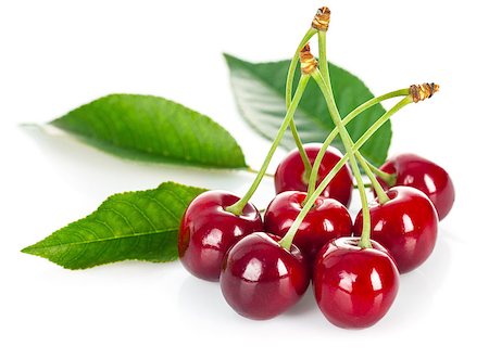 simsearch:400-08377901,k - Fresh cherries with green leaves. Isolated on white background Stock Photo - Budget Royalty-Free & Subscription, Code: 400-08377901