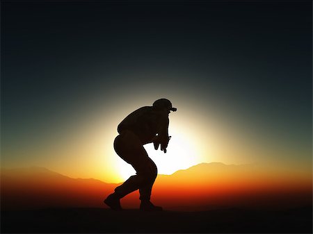 simsearch:400-06735733,k - 3D render of a soldier in combat pose against sunset sky Foto de stock - Royalty-Free Super Valor e Assinatura, Número: 400-08377942