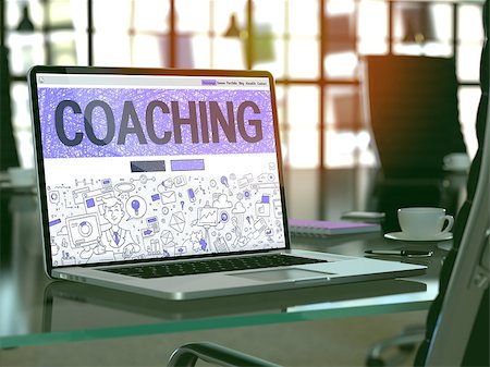 simsearch:400-08998421,k - Coaching - Closeup Landing Page in Doodle design style on Laptop Screen. On background of Comfortable Working Place in Modern Office. Toned, Blurred Image. Stock Photo - Budget Royalty-Free & Subscription, Code: 400-08377974