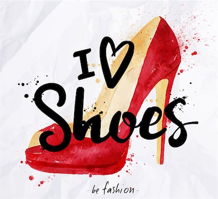 simsearch:400-08378212,k - Watercolor poster lettering i love shoes drawing in vintage style on crumpled paper. Stock Photo - Budget Royalty-Free & Subscription, Code: 400-08378214
