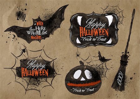 Halloween set, drawn halloween symbols pumpkin, broom, lettering and stylized drawing in kraft paper Stock Photo - Budget Royalty-Free & Subscription, Code: 400-08378397