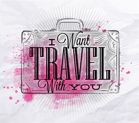 simsearch:400-07498653,k - Tourist poster with lettering I want travel with you on a suitcase in vintage style with pink brush strokes on crumpled paper Foto de stock - Super Valor sin royalties y Suscripción, Código: 400-08378424