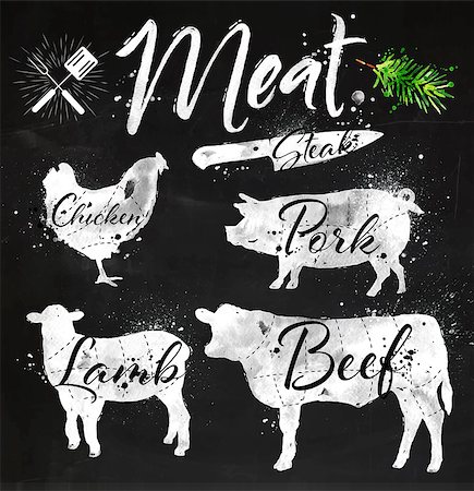 Set of meat symbols, beef, pork, chicken, lamb hand-drawing silhouettes of animals in chalk on blackboard. Foto de stock - Super Valor sin royalties y Suscripción, Código: 400-08378430