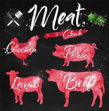 simsearch:400-09115208,k - Set of meat symbols, beef, pork, chicken, lamb hand-drawing silhouettes of animals in red chalk on blackboard. Foto de stock - Super Valor sin royalties y Suscripción, Código: 400-08378431