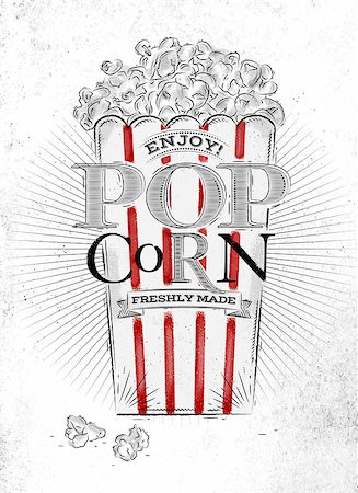 salt square - Poster popcorn, full bucket of popcorn, with red lines, lettering enjoy popcorn freshly made drawing on the old paper background Stock Photo - Budget Royalty-Free & Subscription, Code: 400-08378493