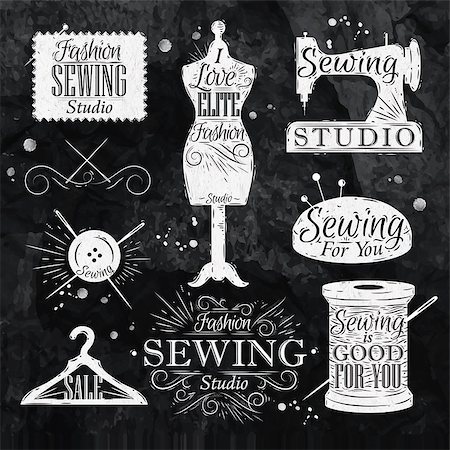 stitching tools - Sewing symbol in retro vintage in chalk lettering mannequin, coil, pins, hangers, buttons Stock Photo - Budget Royalty-Free & Subscription, Code: 400-08378521
