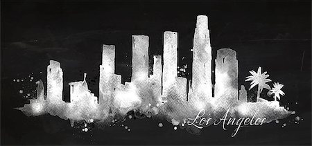 Silhouette of Los Angeles city painted with splashes of chalk drops streaks landmarks drawing with chalk on blackboard Stock Photo - Budget Royalty-Free & Subscription, Code: 400-08378587