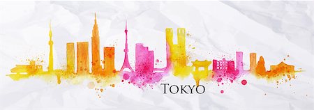 Silhouette of Tokyo city painted with splashes of watercolor drops streaks landmarks in yellow with pink tones Stock Photo - Budget Royalty-Free & Subscription, Code: 400-08378581