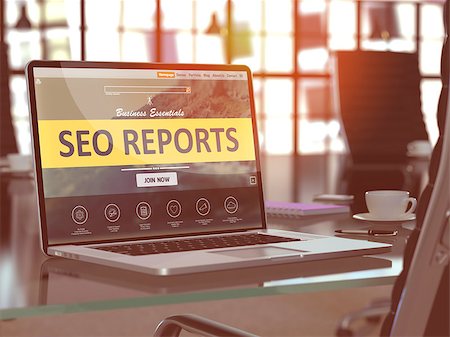simsearch:400-09066724,k - SEO - Search Engine Optimization - Reports Concept. Closeup Landing Page on Laptop Screen  on background of Comfortable Working Place in Modern Office. Blurred, Toned Image. Stock Photo - Budget Royalty-Free & Subscription, Code: 400-08378790