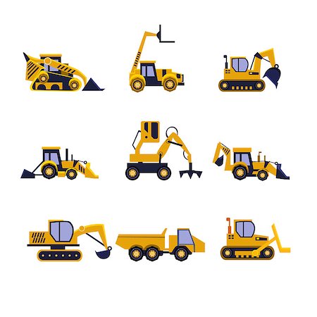 simsearch:400-04292430,k - Construction Equipment Road Roller, Excavator, Bulldozer and Tractor. Car Flat Icon Collection Stock Photo - Budget Royalty-Free & Subscription, Code: 400-08379277