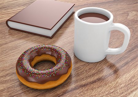 Donut with cup and book lie on a table Stock Photo - Budget Royalty-Free & Subscription, Code: 400-08379305