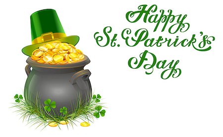 simsearch:400-04316567,k - Pot of gold coins. Full cauldron of gold. Patrick green hat with gold buckle. Happy Patricks Day lettering. Isolated on white vector illustration Foto de stock - Royalty-Free Super Valor e Assinatura, Número: 400-08379499
