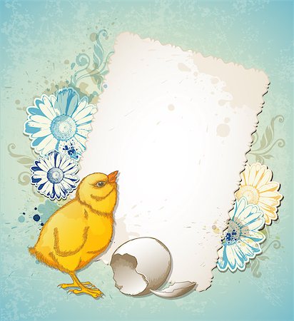 simsearch:400-08132574,k - Vintage Easter card with yellow chicken and flowers Stockbilder - Microstock & Abonnement, Bildnummer: 400-08379503