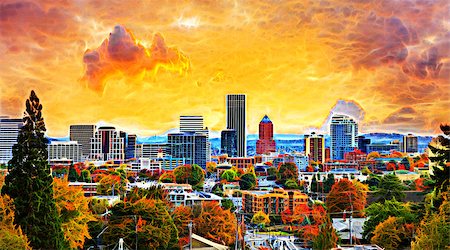 simsearch:400-09083464,k - Portland Oregon Downtown City During Sunset in the Fall Season Abtract Painting Foto de stock - Super Valor sin royalties y Suscripción, Código: 400-08371141