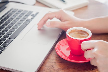 diary and pen with a cup of coffee - Red coffee cup with notepad and laptop, stock photo Stock Photo - Budget Royalty-Free & Subscription, Code: 400-08371177