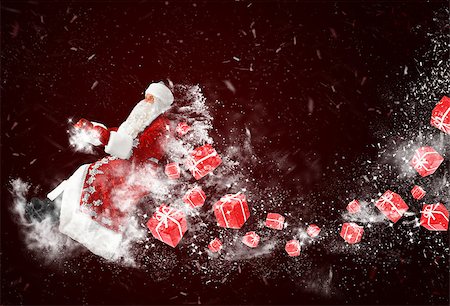simsearch:400-08491713,k - santa claus is flying with snow and gift boxes on deep red background Stock Photo - Budget Royalty-Free & Subscription, Code: 400-08371371