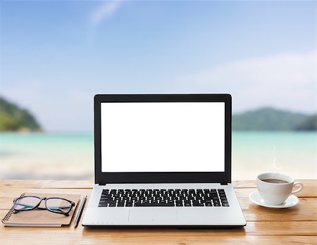 laptop computer and coffee on wood workspace and mountain at sunset background Stock Photo - Budget Royalty-Free & Subscription, Code: 400-08371508