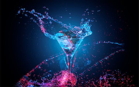 simsearch:400-08373093,k - Bright cocktail with lemon in glass and splashing water on dark background Foto de stock - Royalty-Free Super Valor e Assinatura, Número: 400-08371700