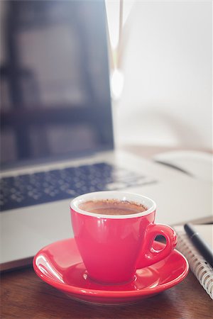 diary and pen with a cup of coffee - Red coffee cup with notepad and laptop, stock photo Stock Photo - Budget Royalty-Free & Subscription, Code: 400-08372229