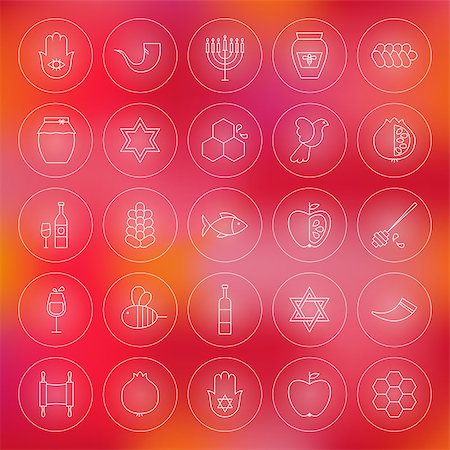 simsearch:400-09080023,k - Thin Outline Jewish New Year Circle Line Icons Set. Vector Collection of Autumn Rosh Hashanah Holiday Thin Line Circle Icons for Web and Mobile over Blurred Colorful Abstract Background. Israel Traditional Bundle Stock Photo - Budget Royalty-Free & Subscription, Code: 400-08372318