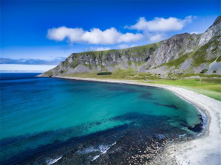 Beach in Unstad on Lofoten islands in Norway, scenic aerial view Photographie de stock - Aubaine LD & Abonnement, Code: 400-08372571